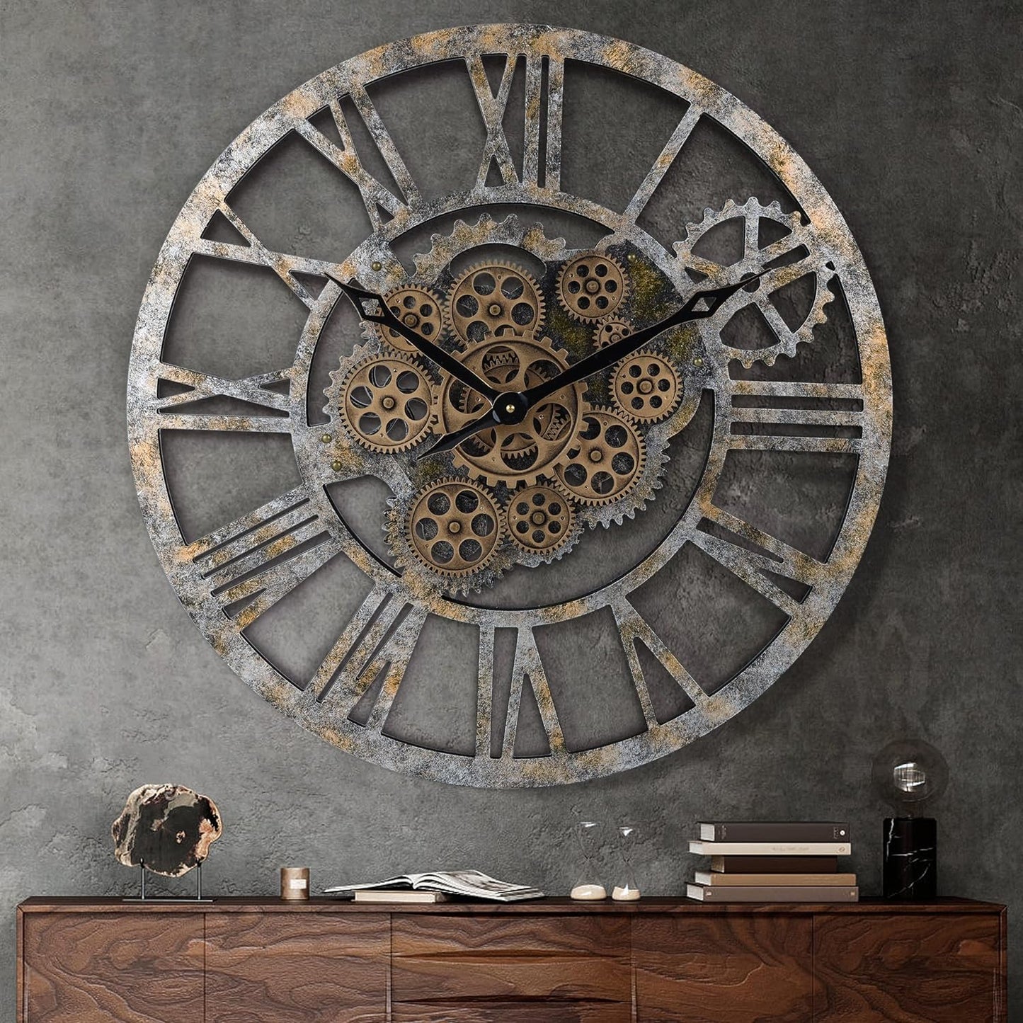 Gear Clock with Moving Gears Exposed, Farmhouse Rustic Large Wall Clock