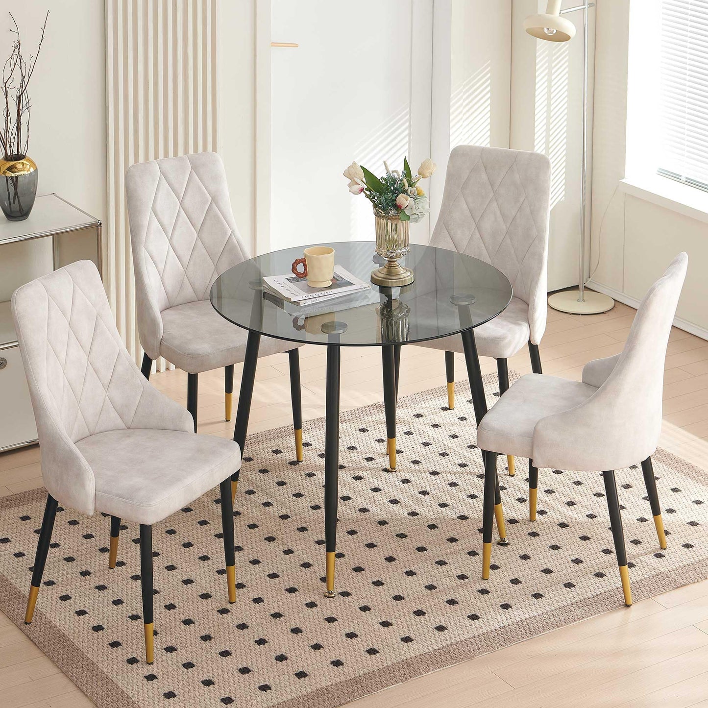 Kitchen Table and Chairs Set, Grey Glass Round Table with Metal Legs, 4 Chairs