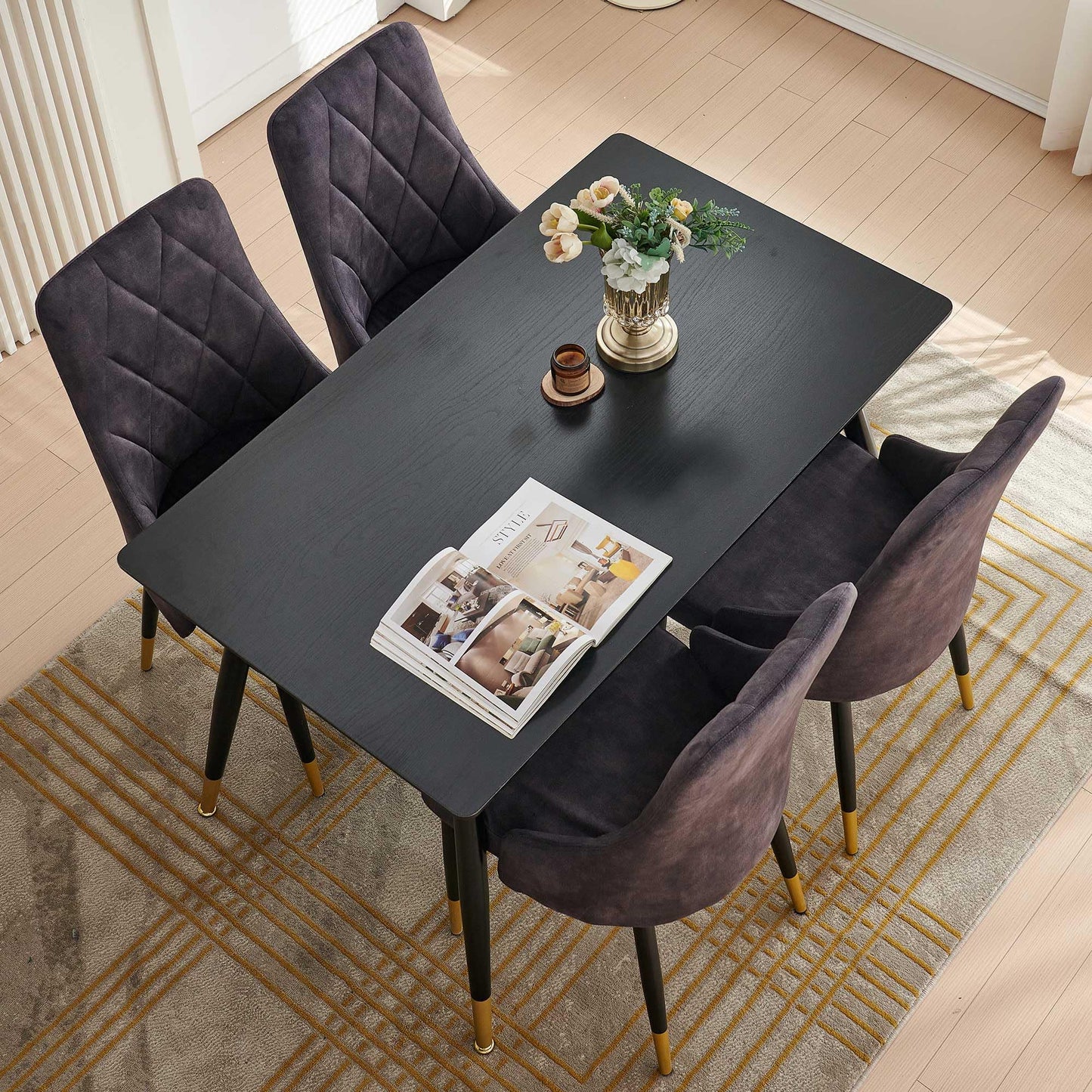 Kitchen Table and Chairs Set, Grey Glass Round Table with Metal Legs, 4 Chairs