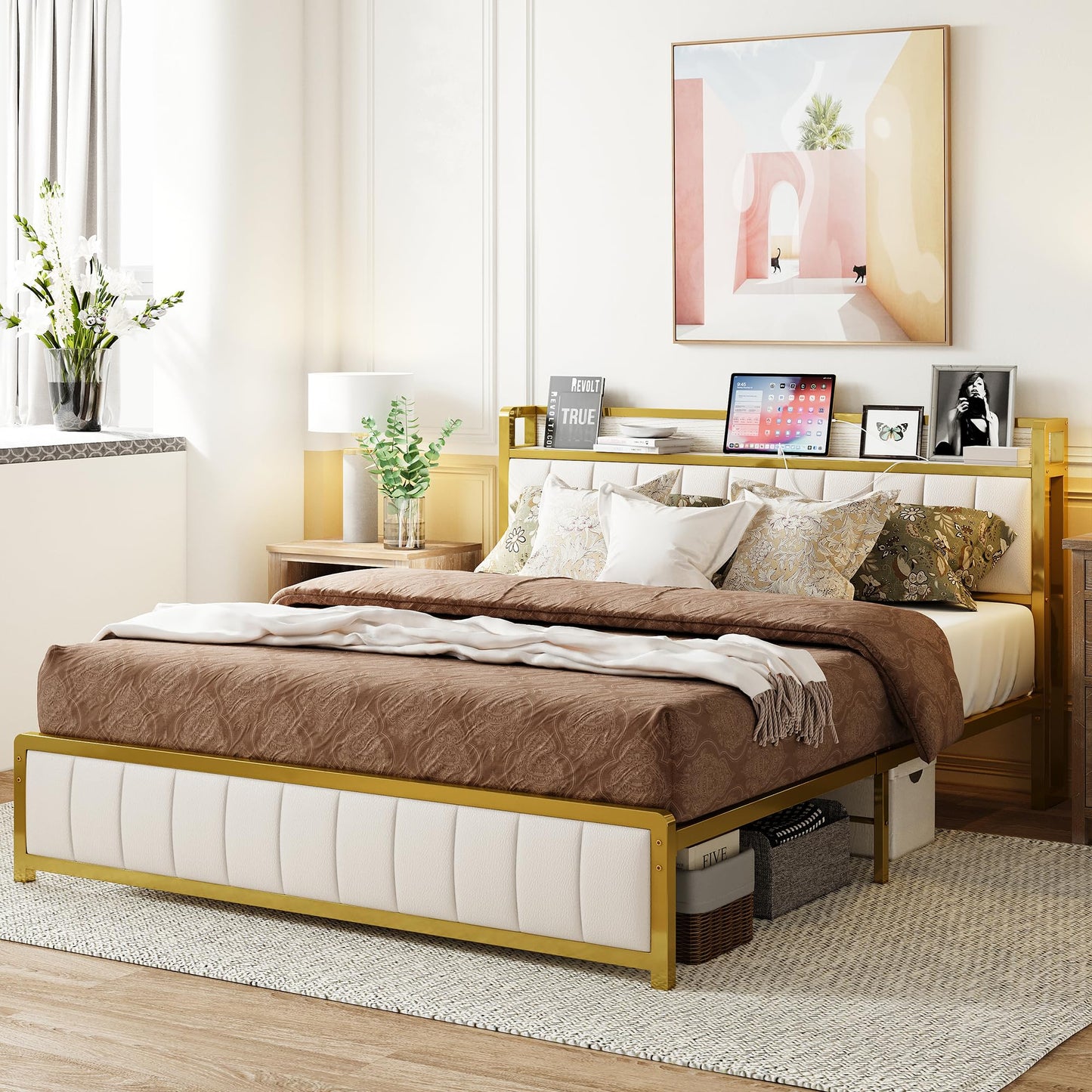 King Bed Frames, Storage Headboard with Charging Station