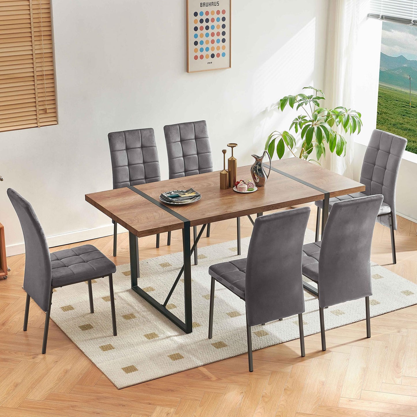 7 PCS Dining Room Table Set, 66" Large Kitchen Table Chairs Velvet Upholstered Chairs