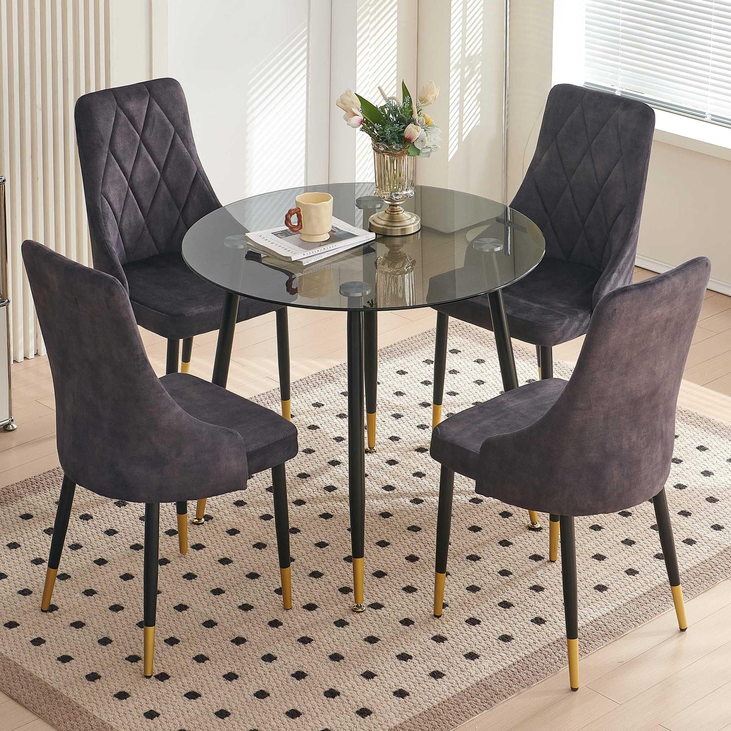 Kitchen Table and Chairs Set, Grey Glass Round Table with Metal Legs, 4 Chairs