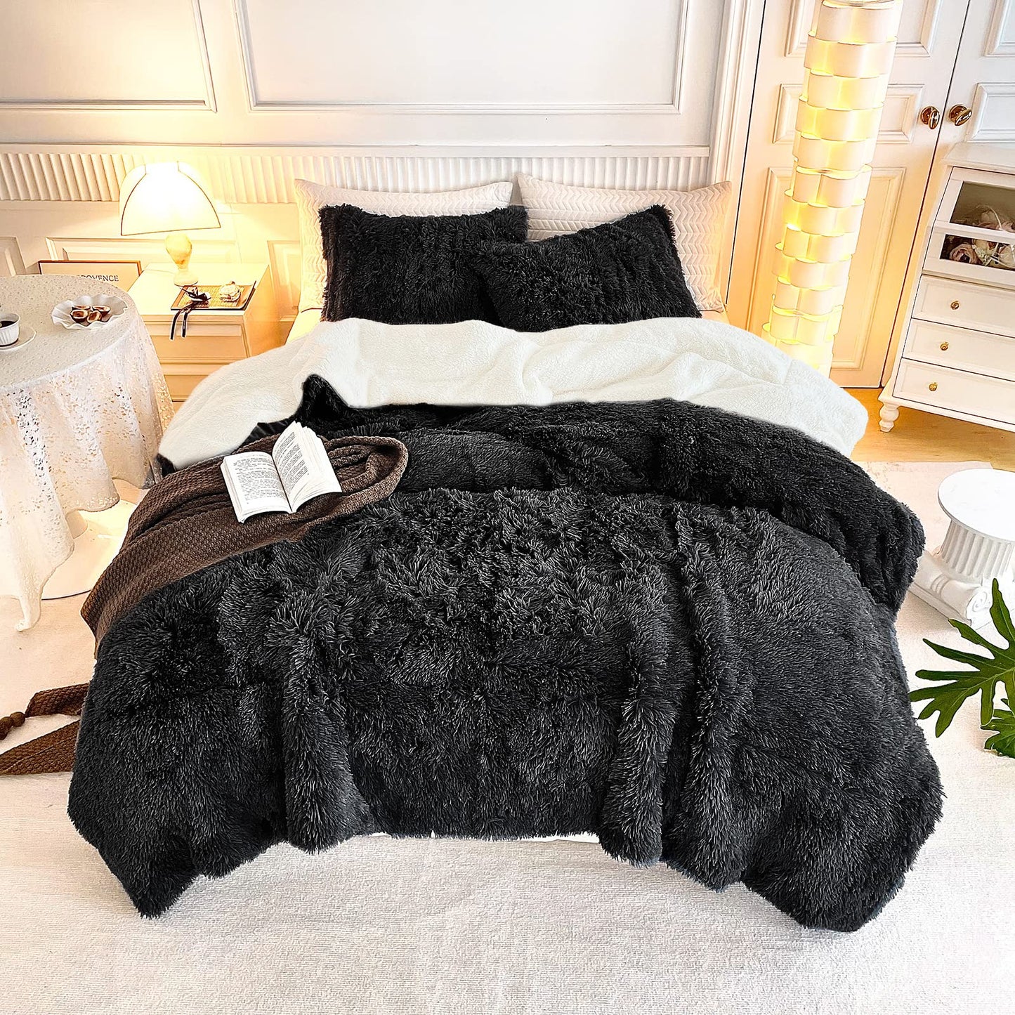 Gray Faux Fur Comforter Set Full/Queen 3 Pieces Bedding Set