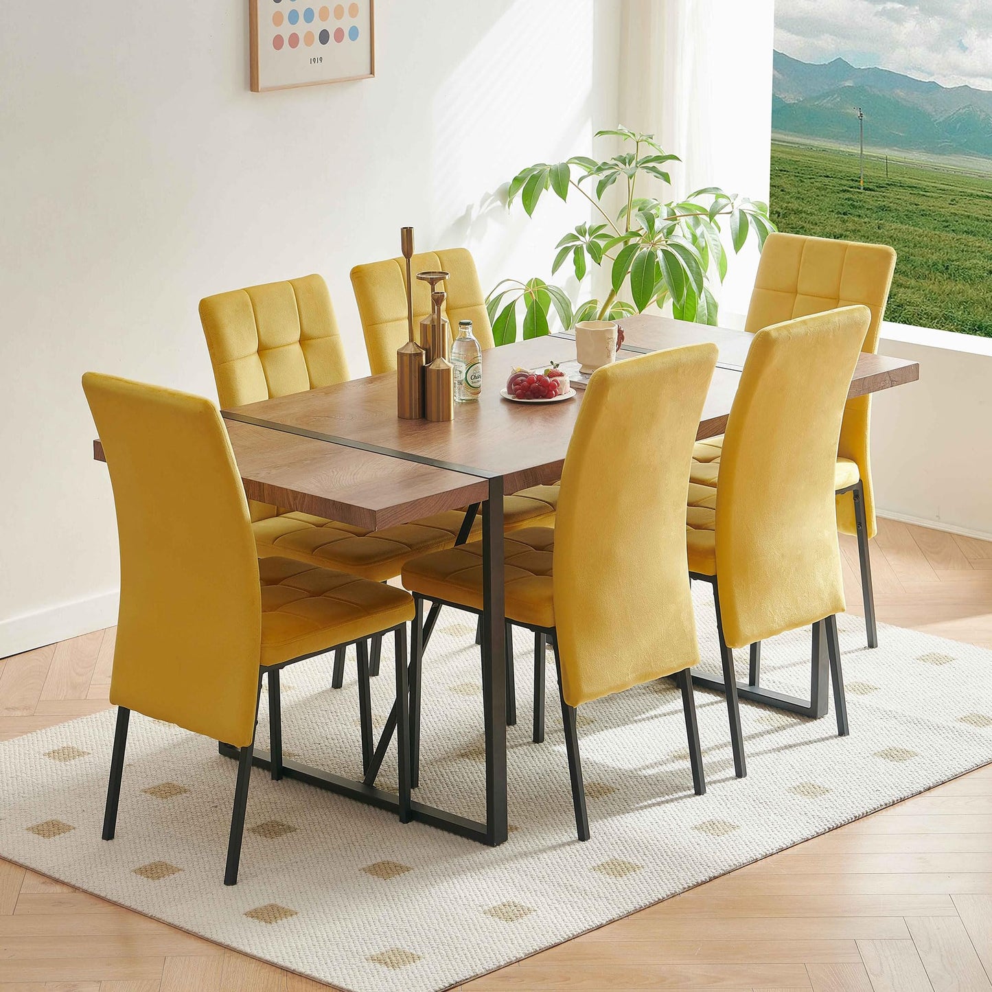 7 PCS Dining Room Table Set, 66" Large Kitchen Table Chairs Velvet Upholstered Chairs