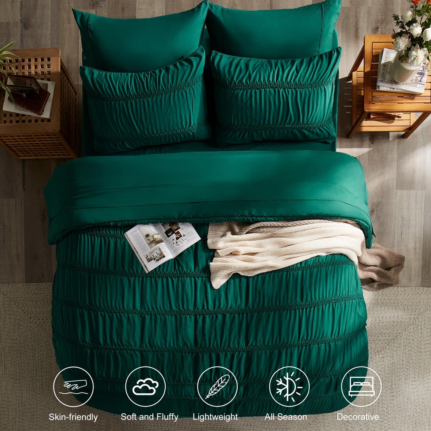 Comforter Set 7 Pieces, Boho Emerald Green Bed in a Bag Lightweight