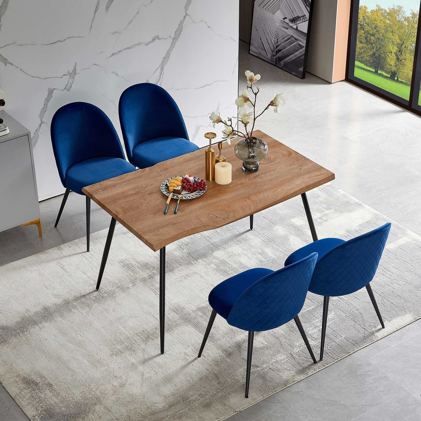 Modern Dining Table Set for 4 with Upholstered Dining Chairs Velvet