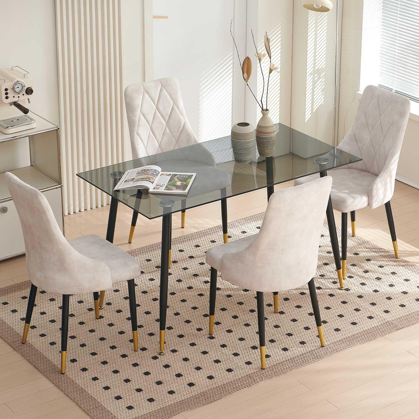 Kitchen Table and Chairs Set, Grey Glass Round Table with Metal Legs, 4 Chairs