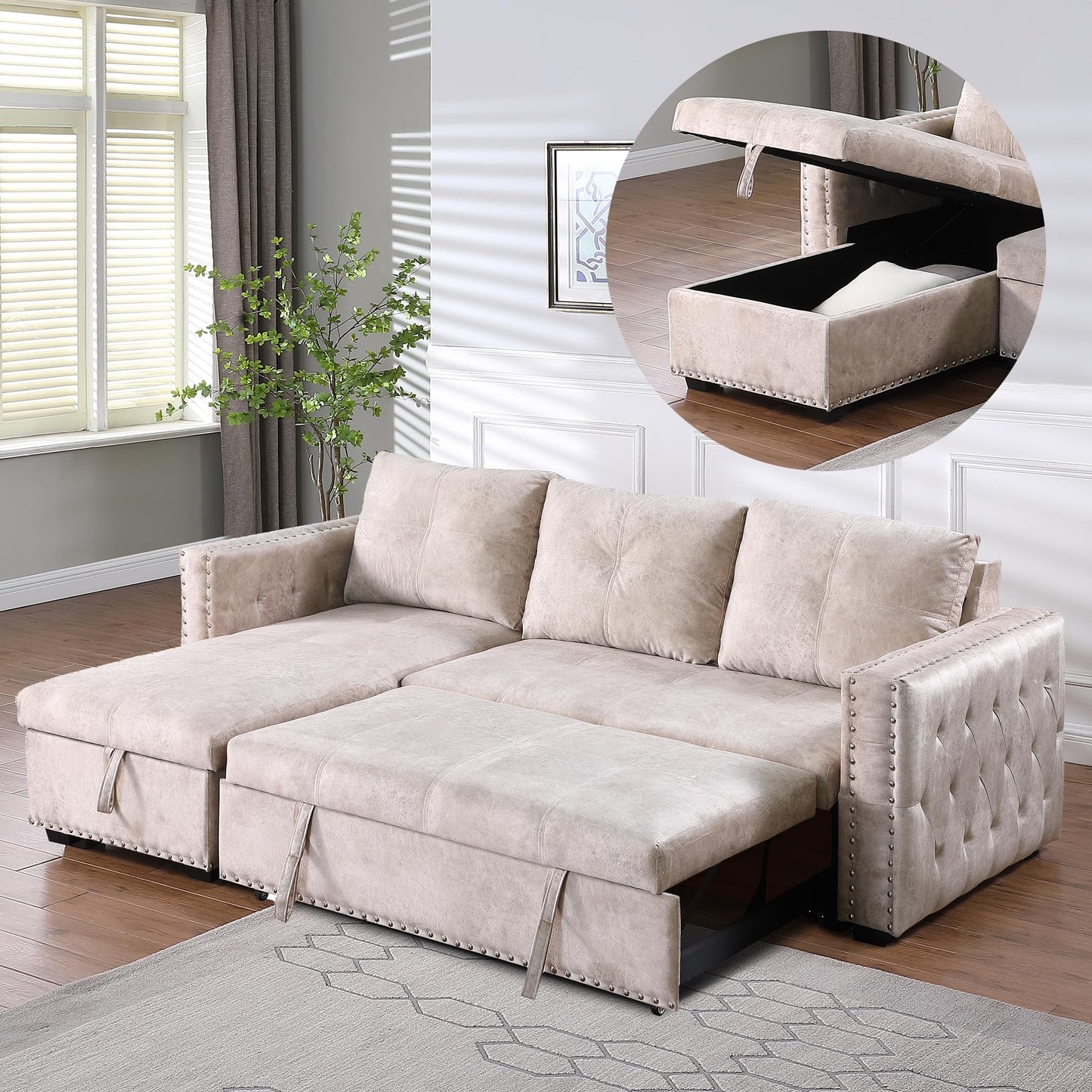 Reversible Sectional Comfy Sleeper Sofa with Pull Out Bed Storage Oversized 91 inches