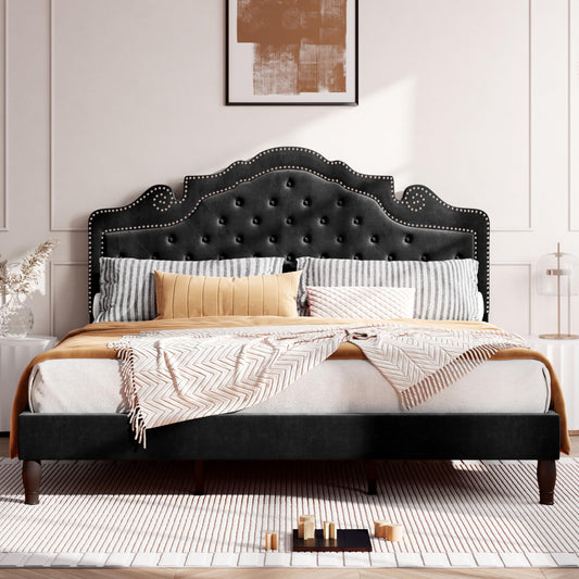 Velvet Tiara Upholstered Diamond Button Tufted Platform Bed