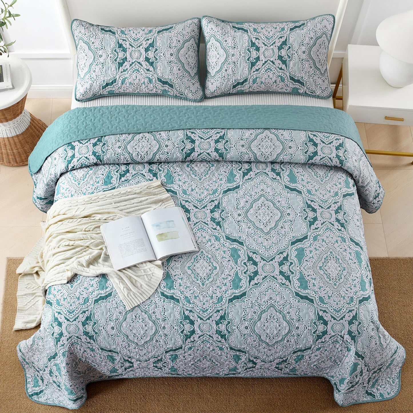 Blue Quilt Set Queen Size Boho Damask Bedspread Sets