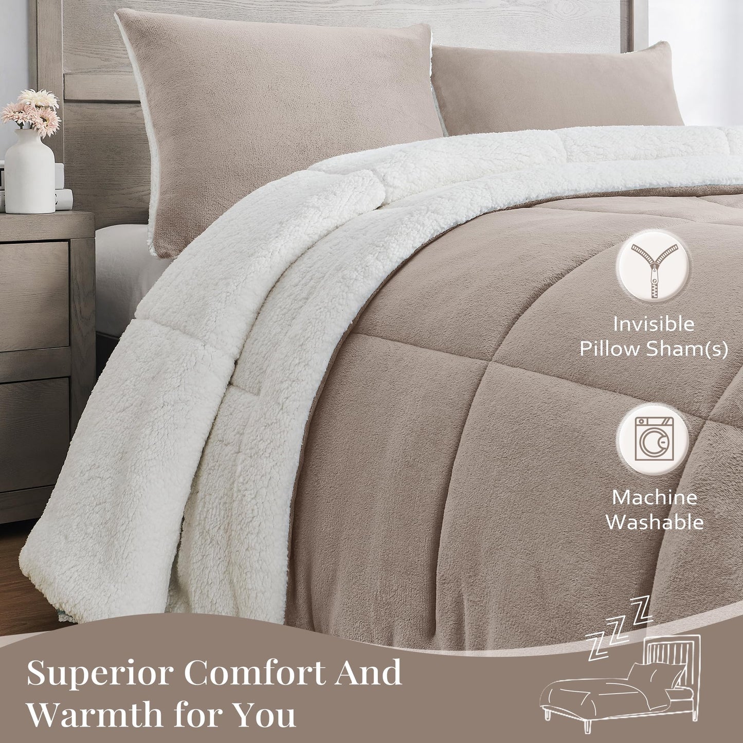 Luxury Fleece Sherpa Comforter Sets for Queen Bed, Soft and Warm Set