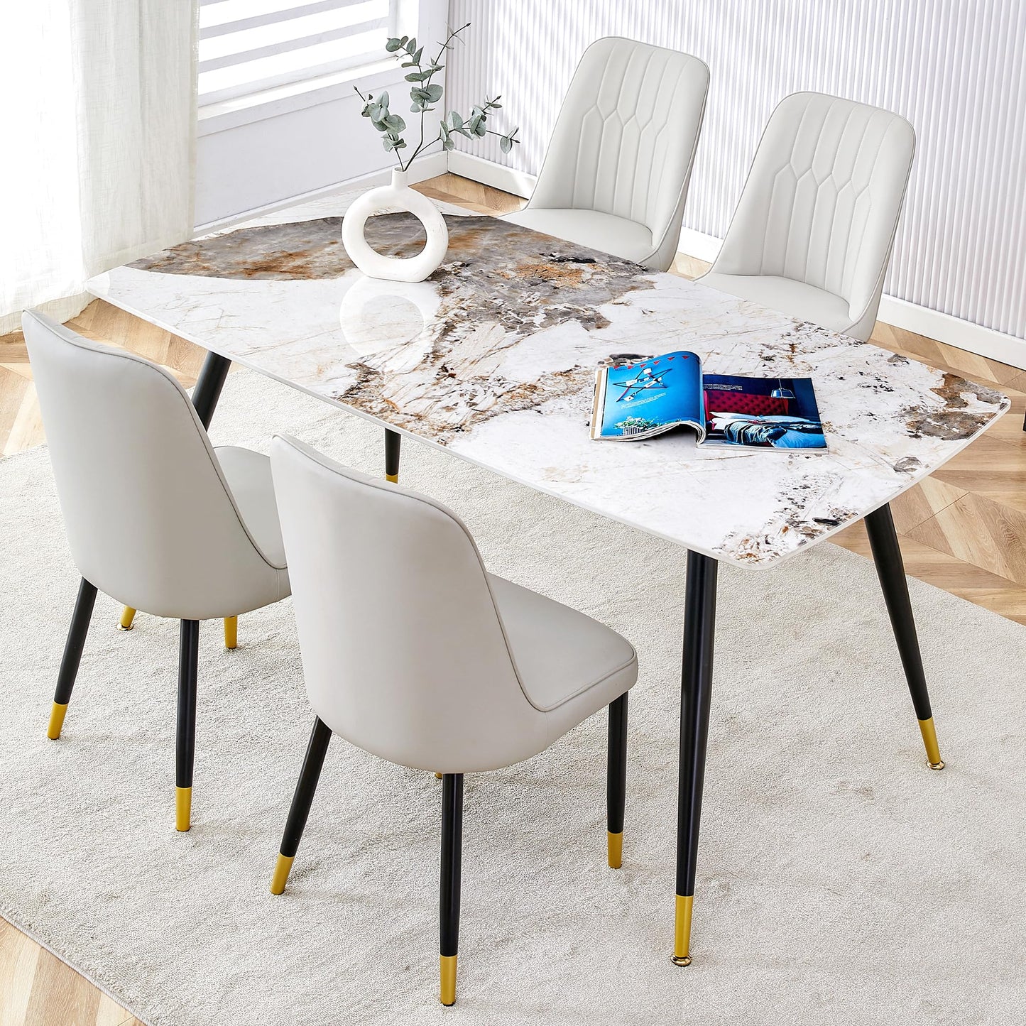 Dining Room Table Set for 4,Sintered Stone Kitchen Table Top and Modern Chairs