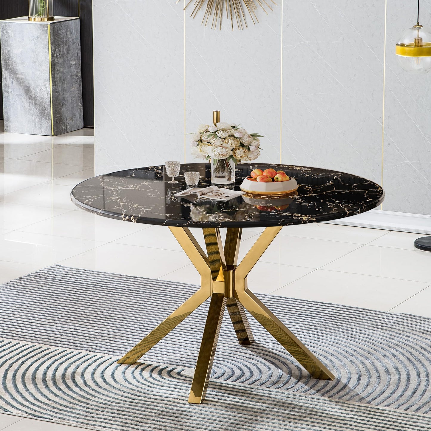 70 Inch White Marble Kitchen Table with Gold Mirrored Cabriole Legs