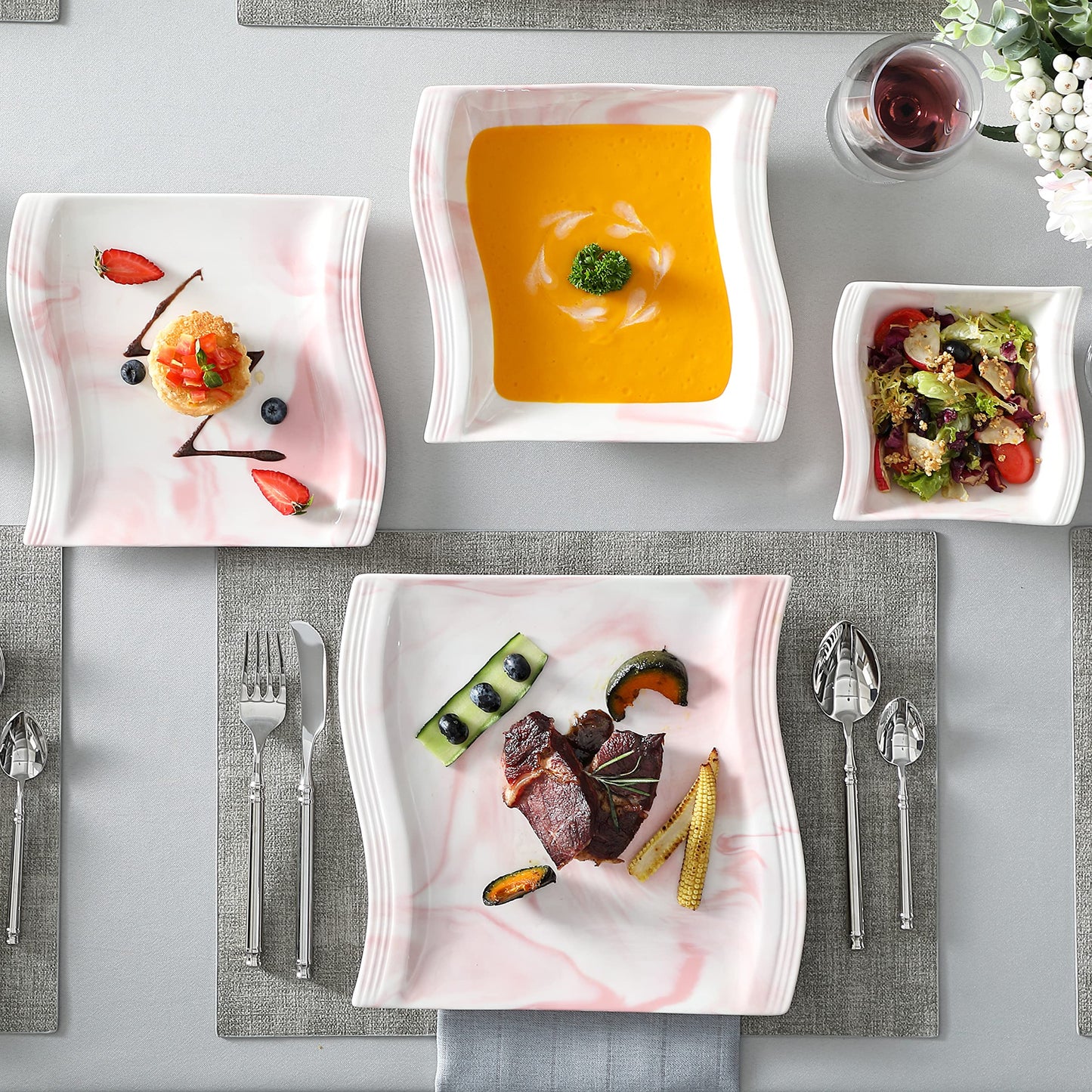 Dinnerware Sets, 12-Piece Porcelain Plates and Bowls Sets, Square Marble