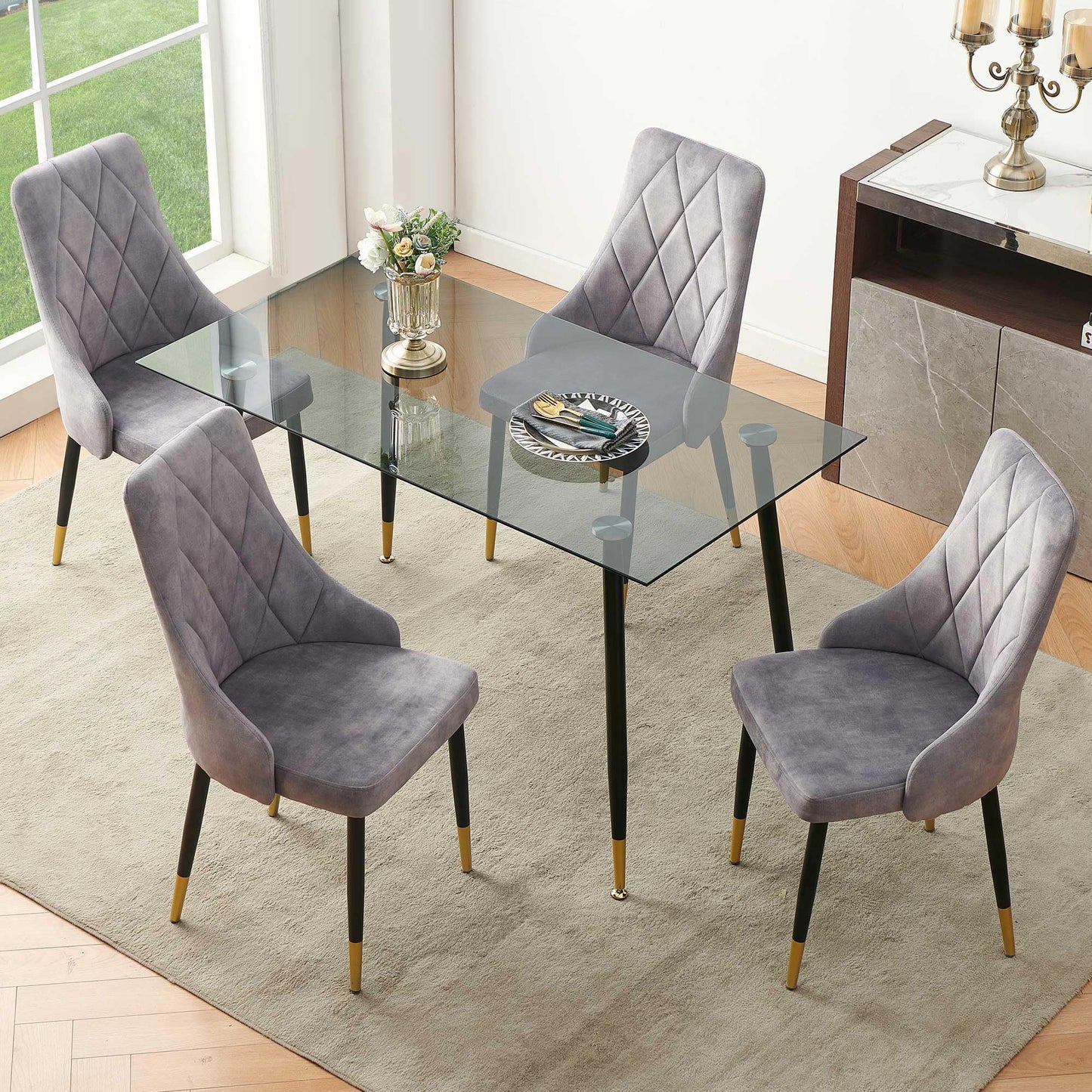 Kitchen Table and Chairs Set, Grey Glass Round Table with Metal Legs, 4 Chairs