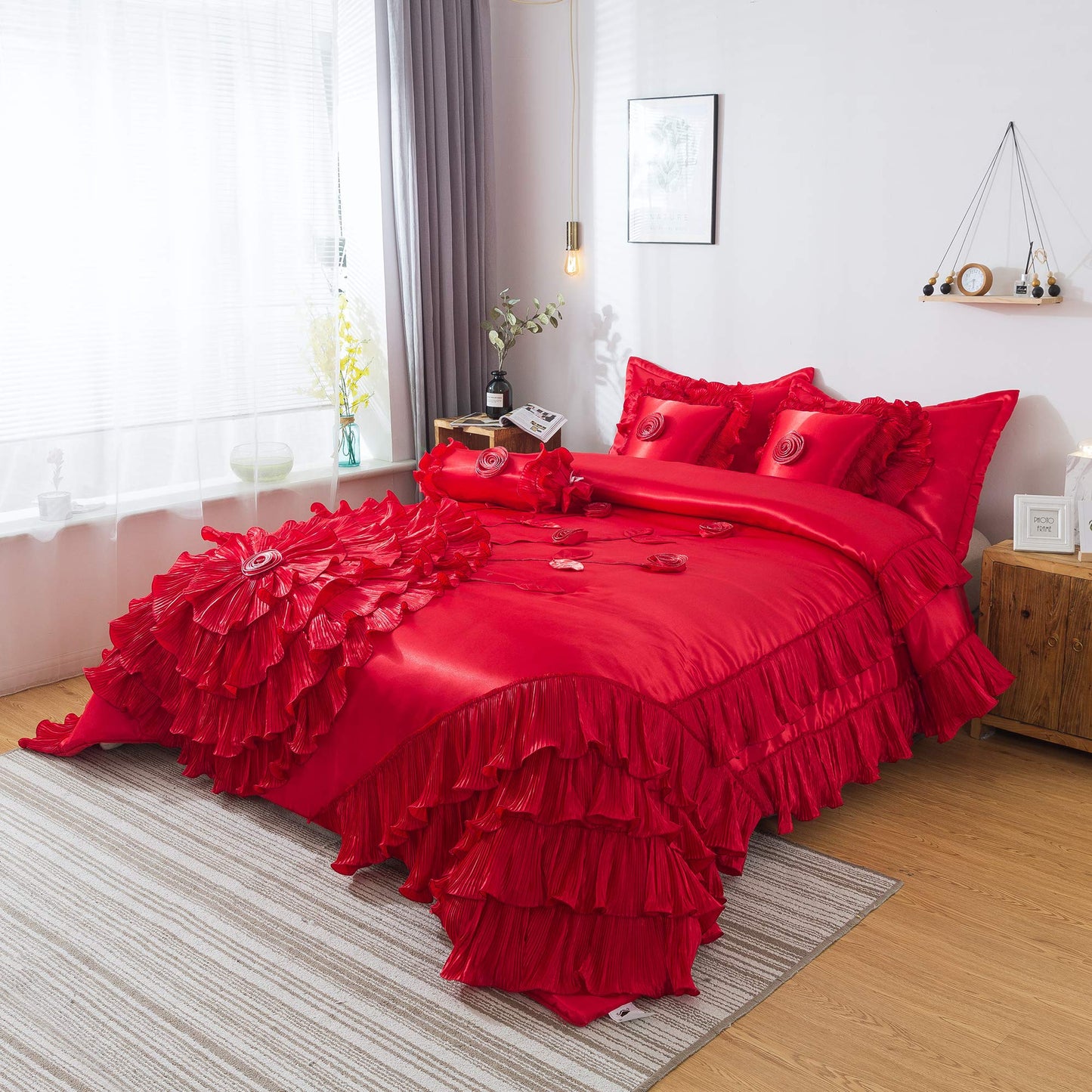 Solid Bright Red Satin Bedding Ruffle Comforter Queen Comforter Set Red