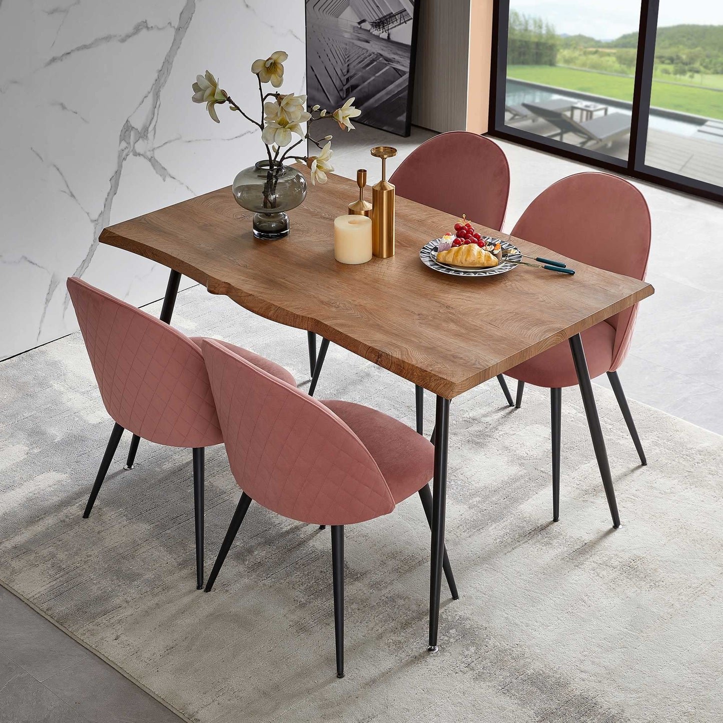 Modern Dining Table Set for 4 with Upholstered Dining Chairs Velvet