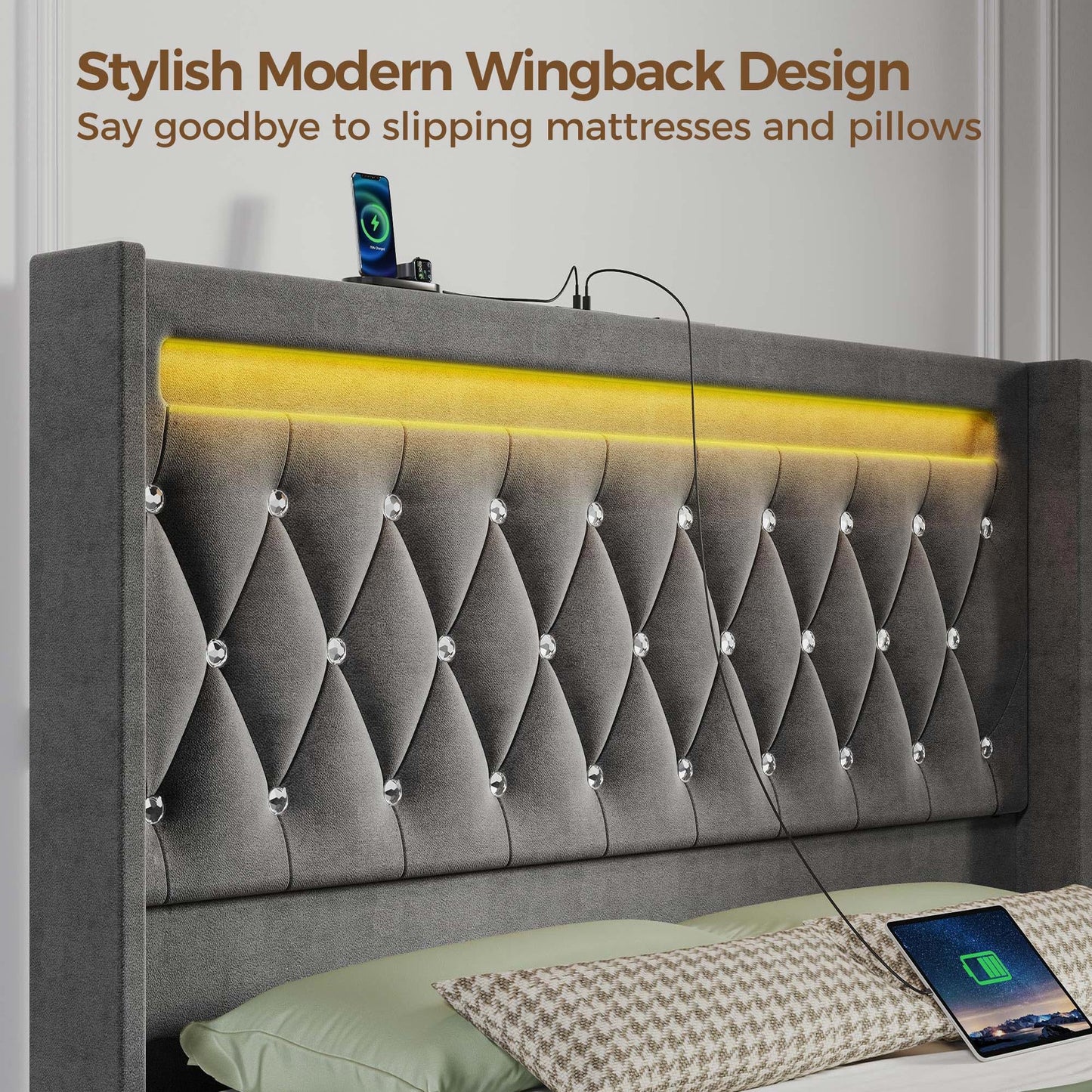 LED Light and Charging Station, Upholstered High Headboard and Footboard