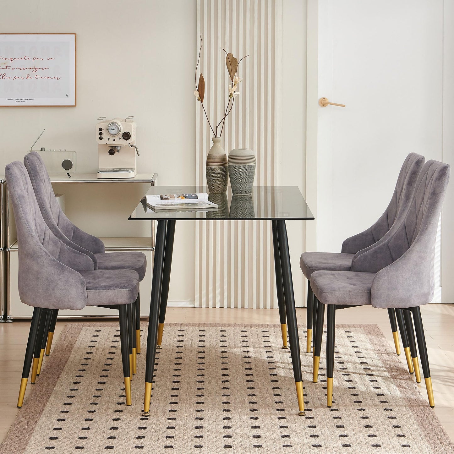 Kitchen Table and Chairs Set, Grey Glass Round Table with Metal Legs, 4 Chairs