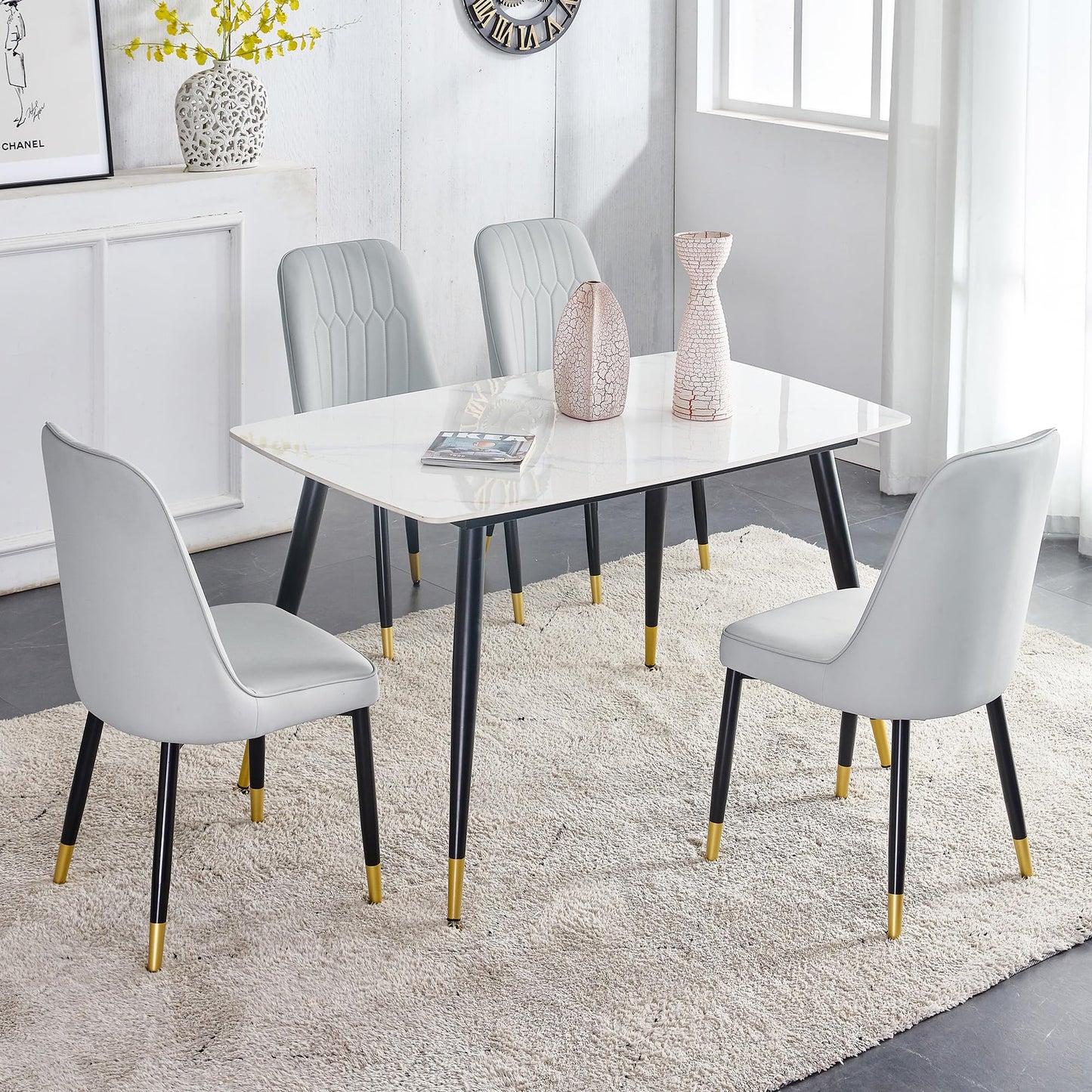 Dining Room Table Set for 4,Sintered Stone Kitchen Table Top and Modern Chairs