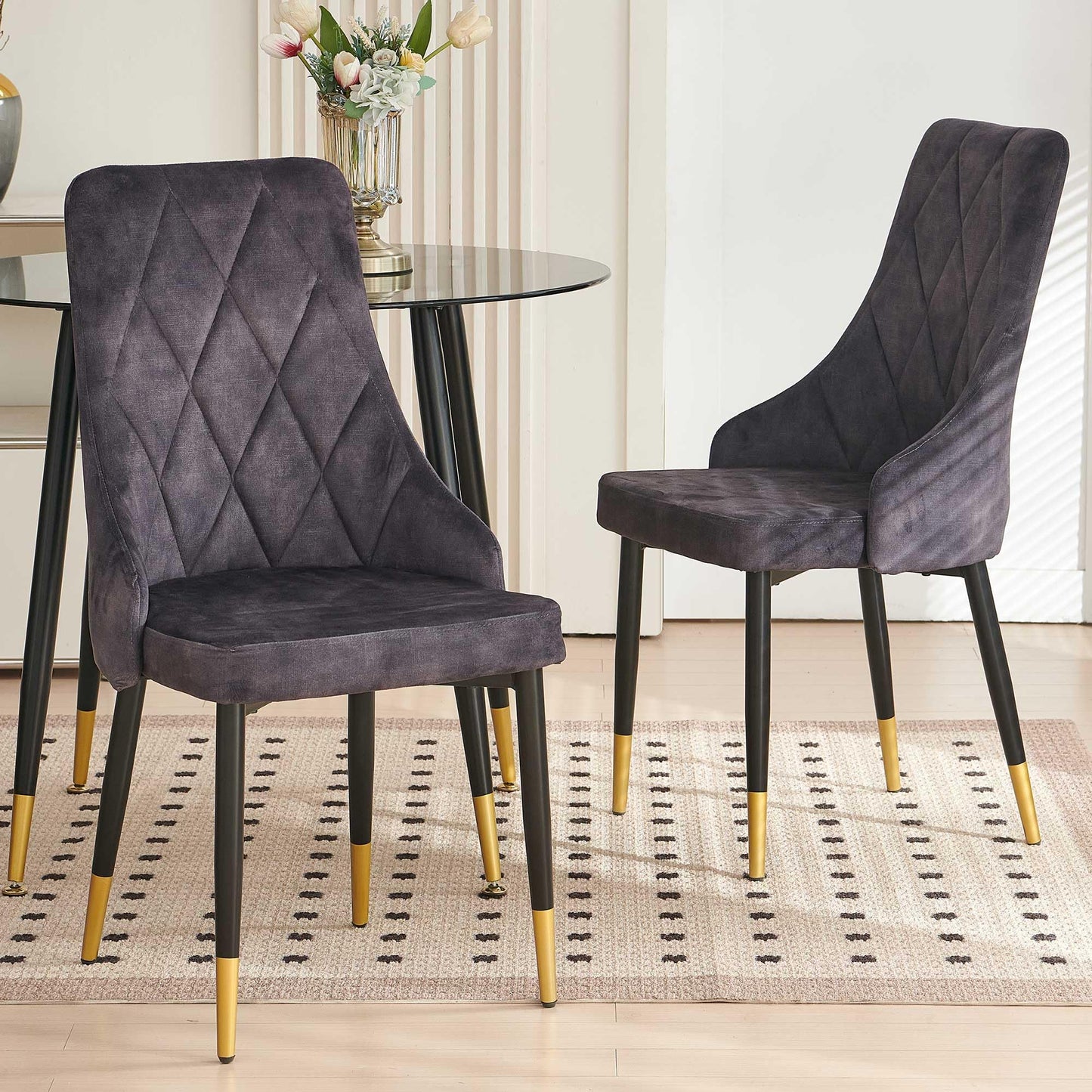 Kitchen Table and Chairs Set, Grey Glass Round Table with Metal Legs, 4 Chairs