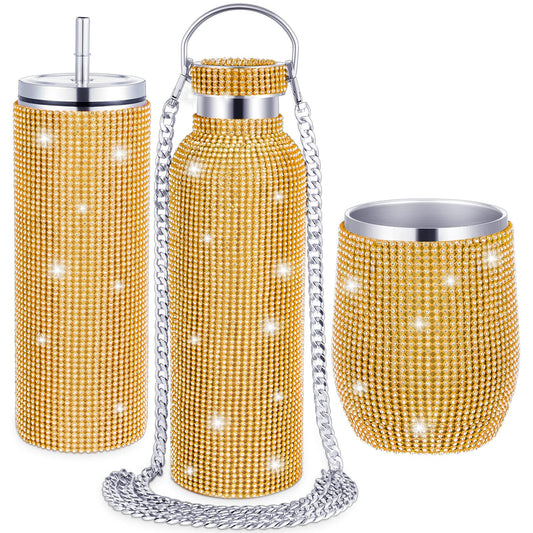 3 Pcs Bling Water Bottle Rhinestone Stainless Steel Bling Cup Stemless  (Gold)