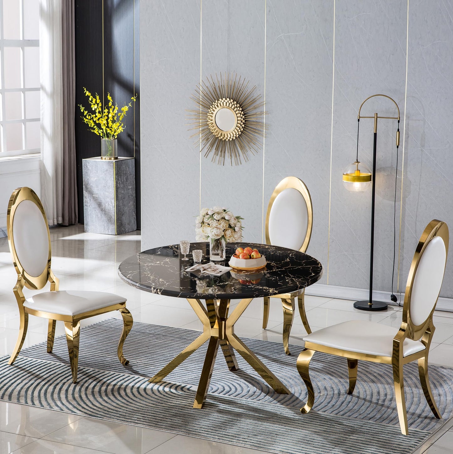 70 Inch White Marble Kitchen Table with Gold Mirrored Cabriole Legs