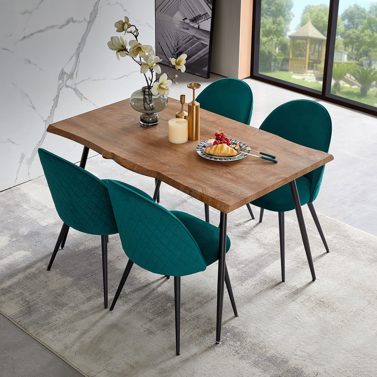 Modern Dining Table Set for 4 with Upholstered Dining Chairs Velvet