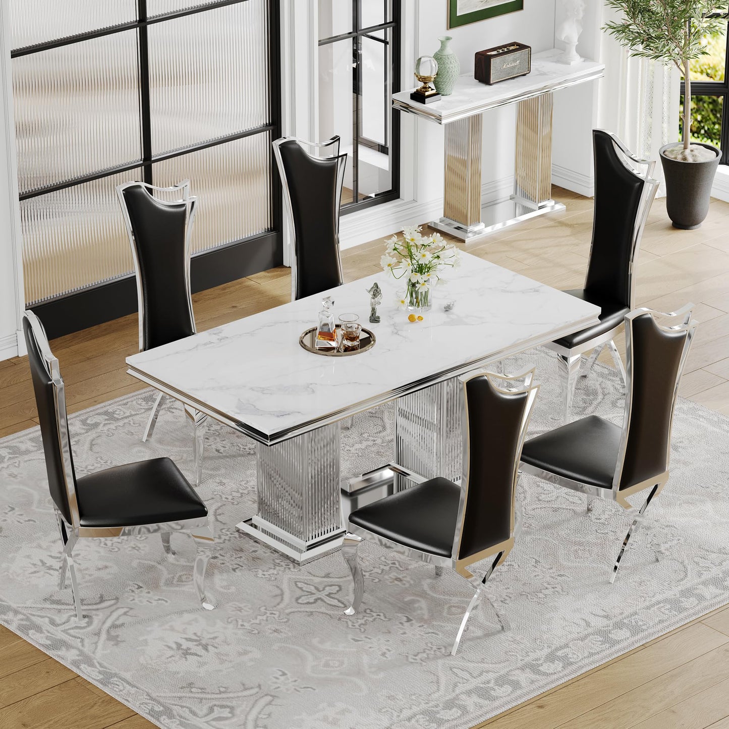 70 Inch White Marble Kitchen Table with Gold Mirrored Cabriole Legs