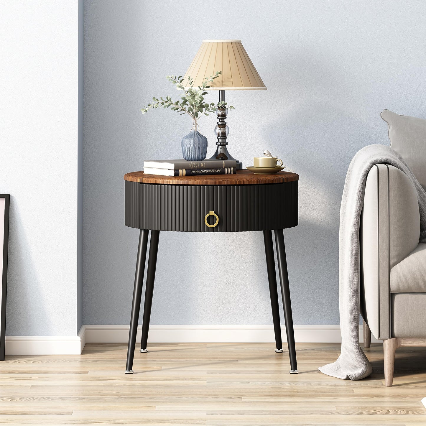 Side Tables Set of 2, Round Nightstand with Drawer, Rustic Brown and Black