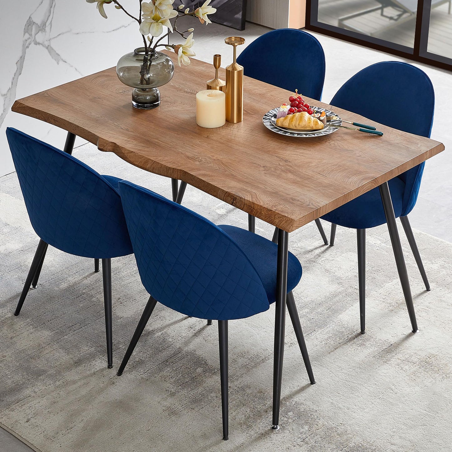 Modern Dining Table Set for 4 with Upholstered Dining Chairs Velvet