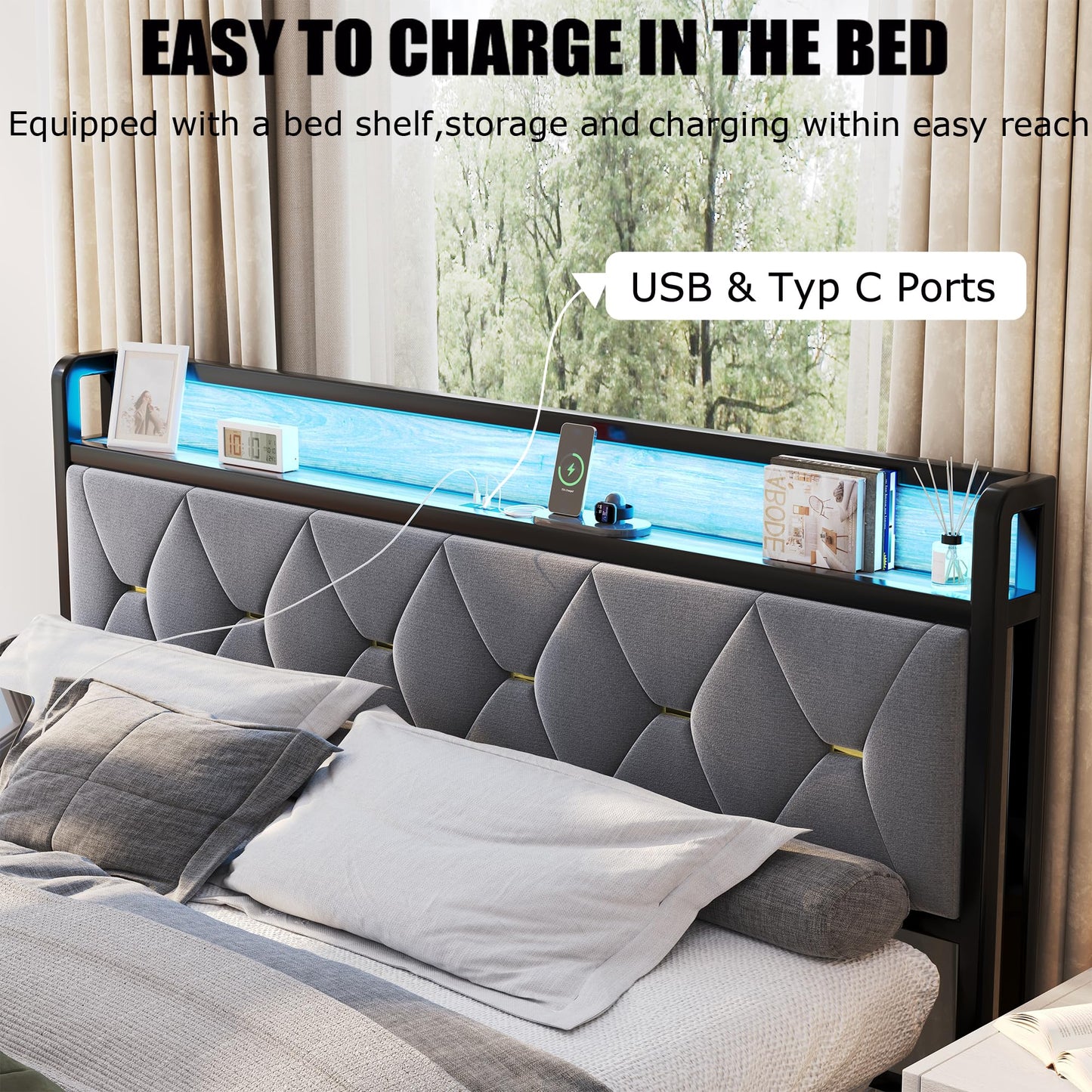 Led King Platform Bed Frame with Faux Leather Storage Headboard