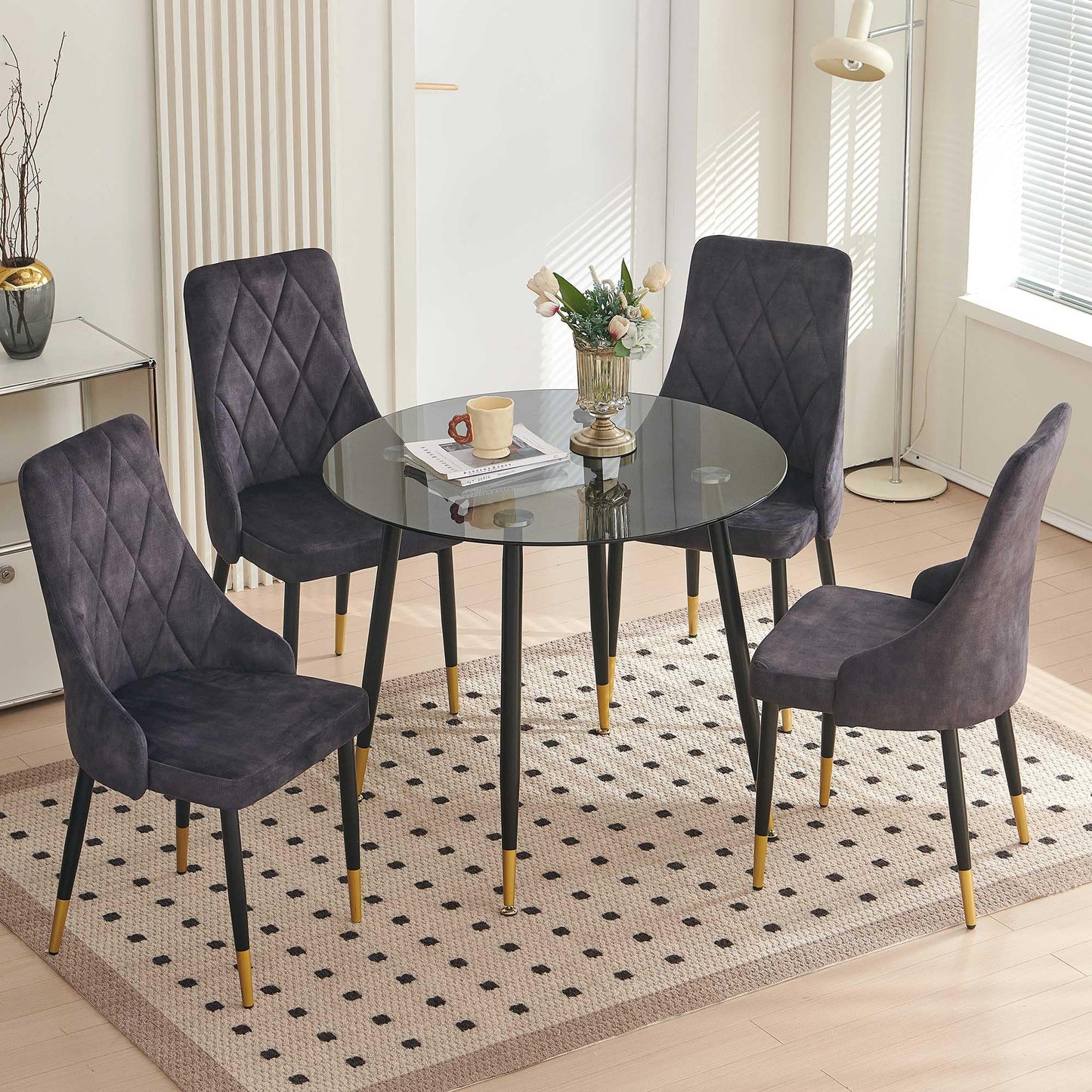 Kitchen Table and Chairs Set, Grey Glass Round Table with Metal Legs, 4 Chairs