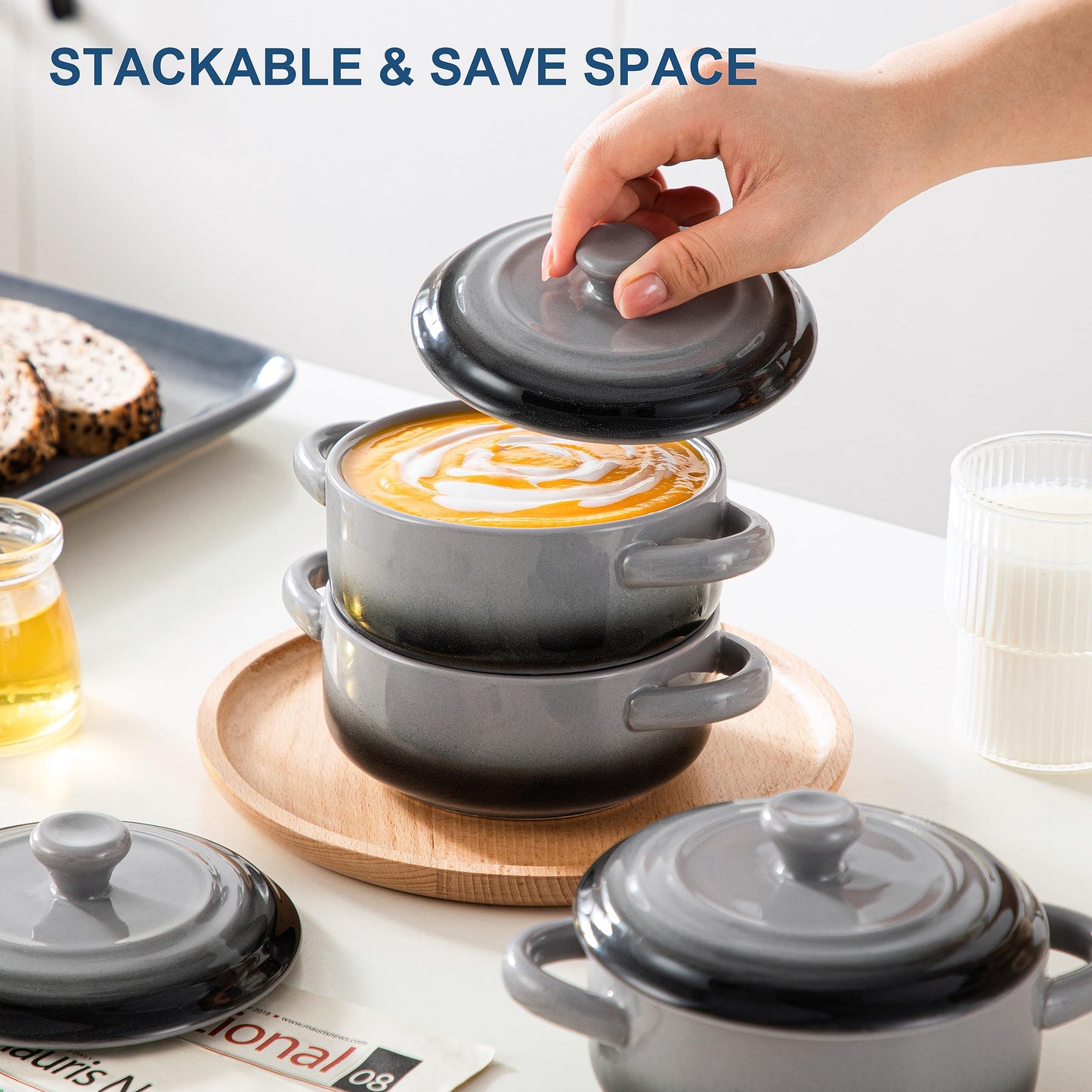 Mini Cocotte Set,14 OZ Small Casserole Dishes with Lids, Soup Bowls With Handles