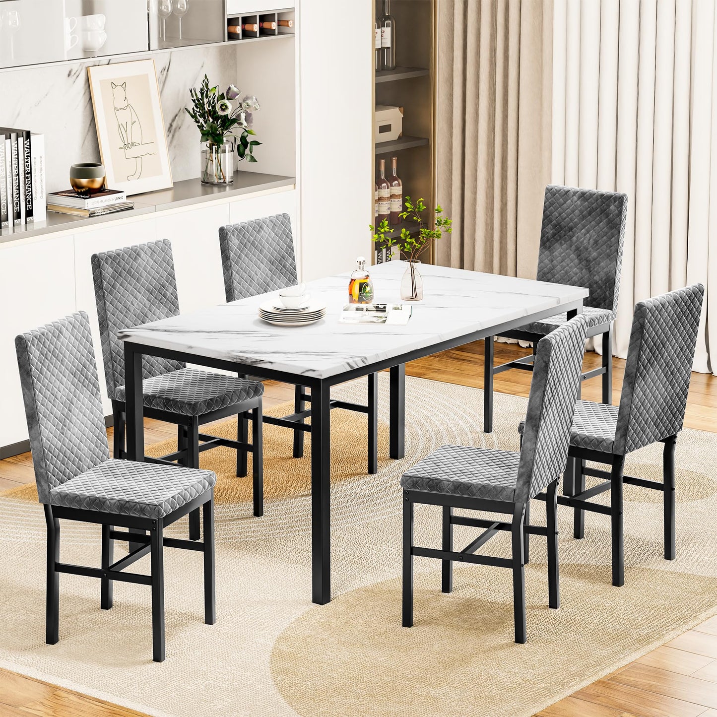 Dinner Table for 6, Marble Dining Room Table Set with Velvet Dining Chairs, 7 Piece