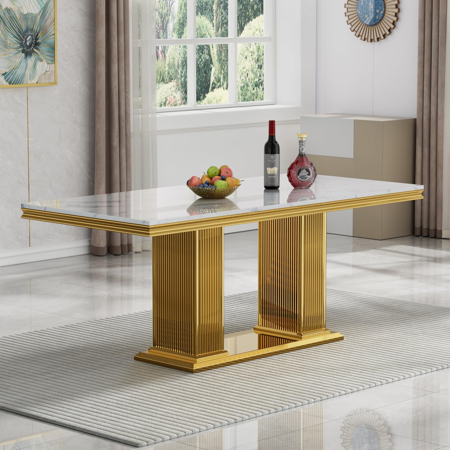 70 Inch White Marble Kitchen Table with Gold Mirrored Cabriole Legs