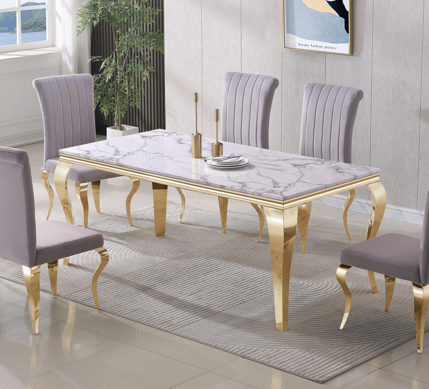 70 Inch White Marble Kitchen Table with Gold Mirrored Cabriole Legs