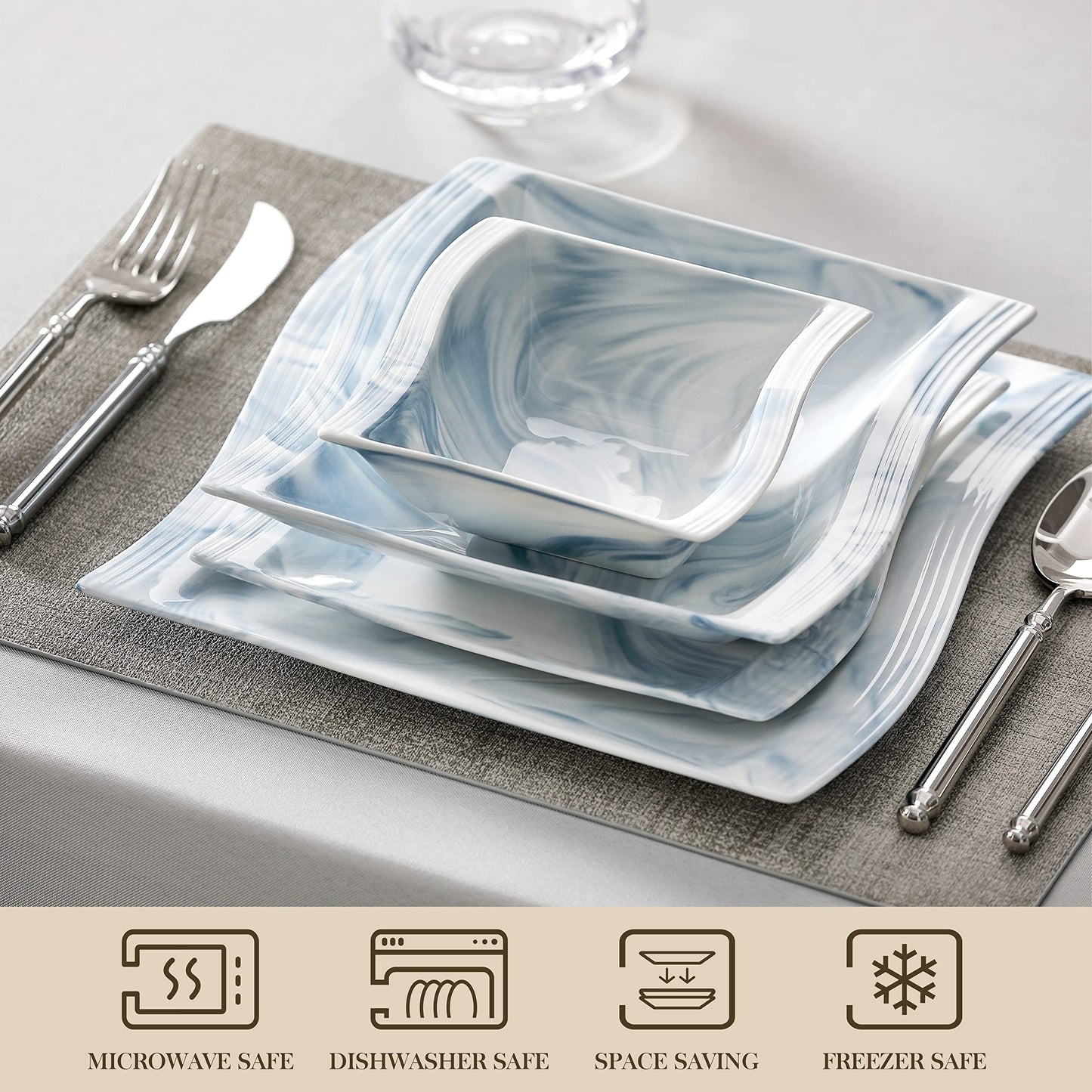 Dinnerware Sets, 12-Piece Porcelain Plates and Bowls Sets, Square Marble