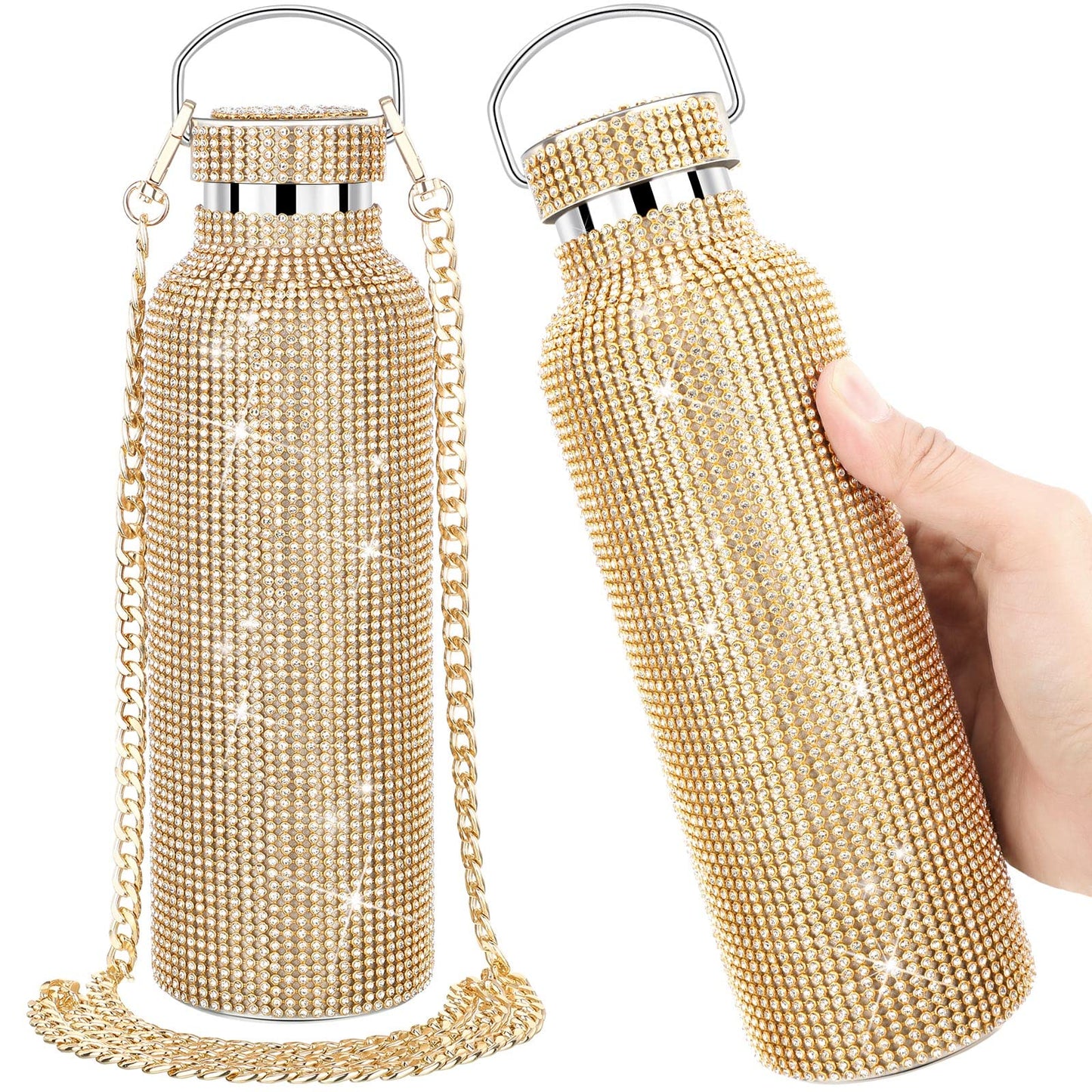 2 Pieces Bling Water Bottle Diamond - Rhinestone with Chain Stainless Steel