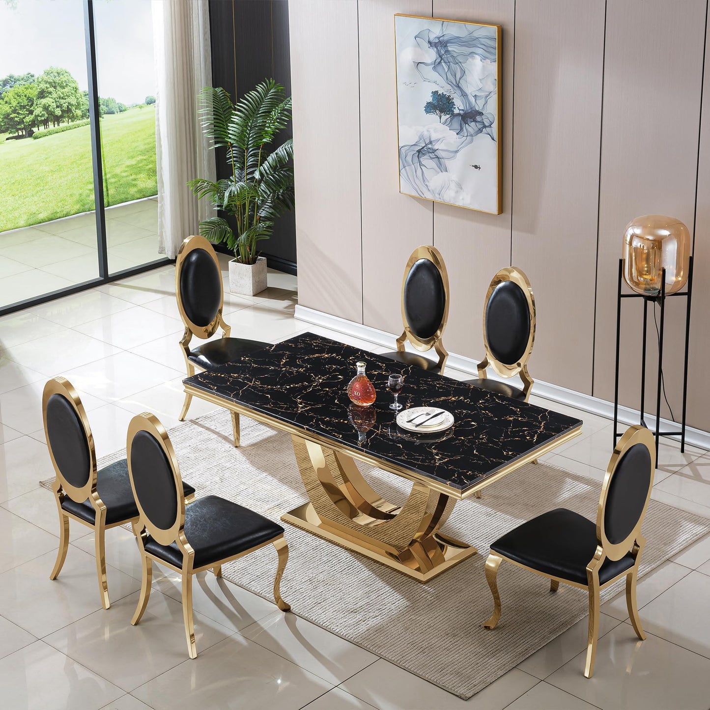 70 Inch White Marble Kitchen Table with Gold Mirrored Cabriole Legs