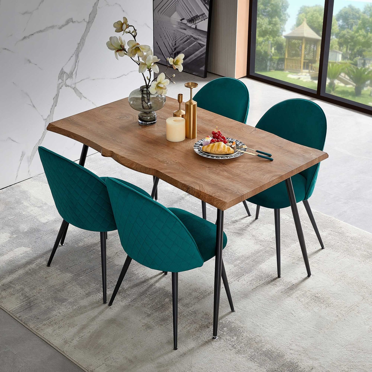 Modern Dining Table Set for 4 with Upholstered Dining Chairs Velvet