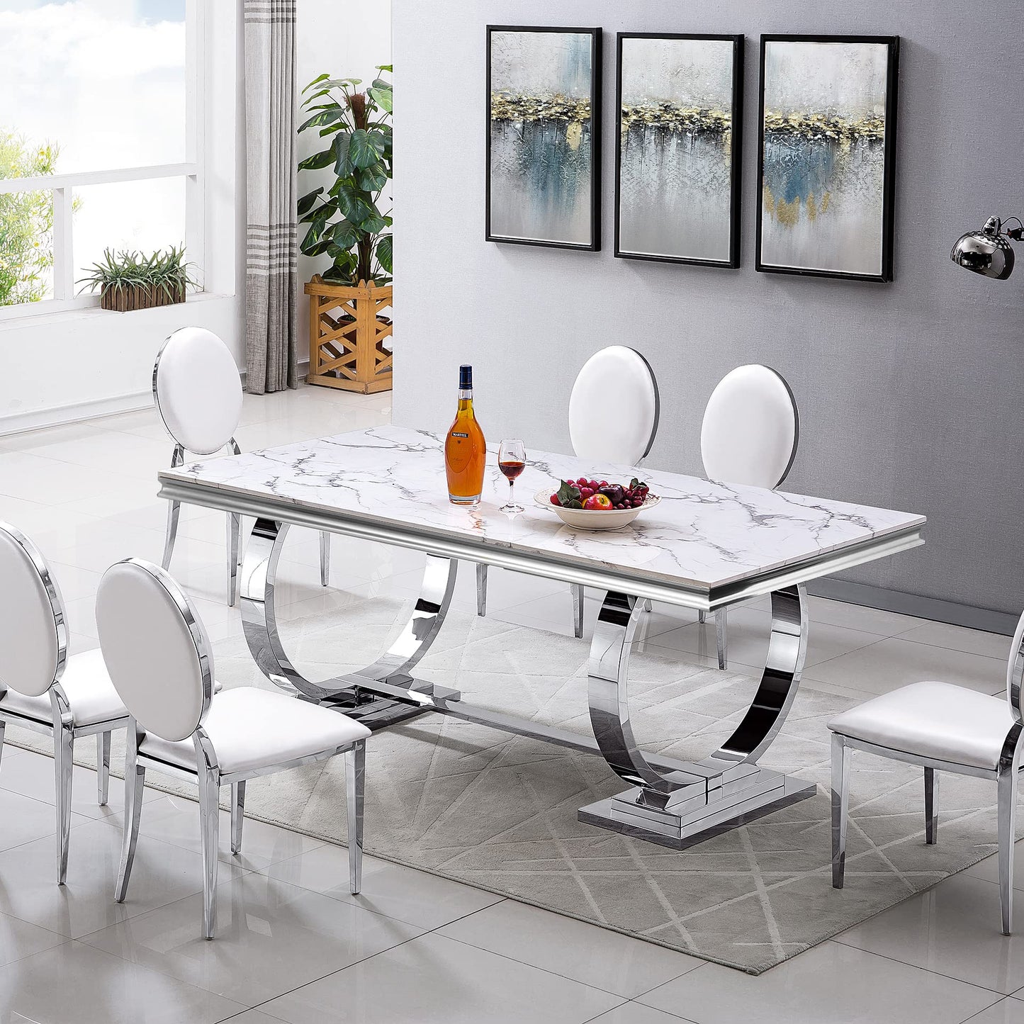 70 Inch White Marble Kitchen Table with Gold Mirrored Cabriole Legs