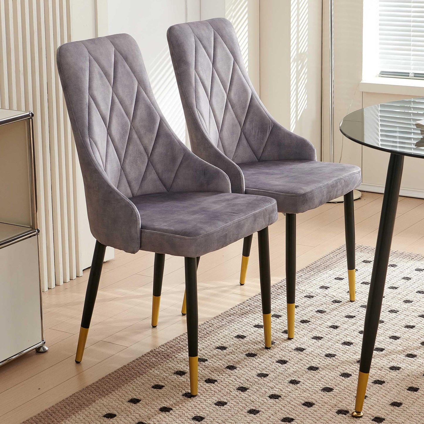 Kitchen Table and Chairs Set, Grey Glass Round Table with Metal Legs, 4 Chairs