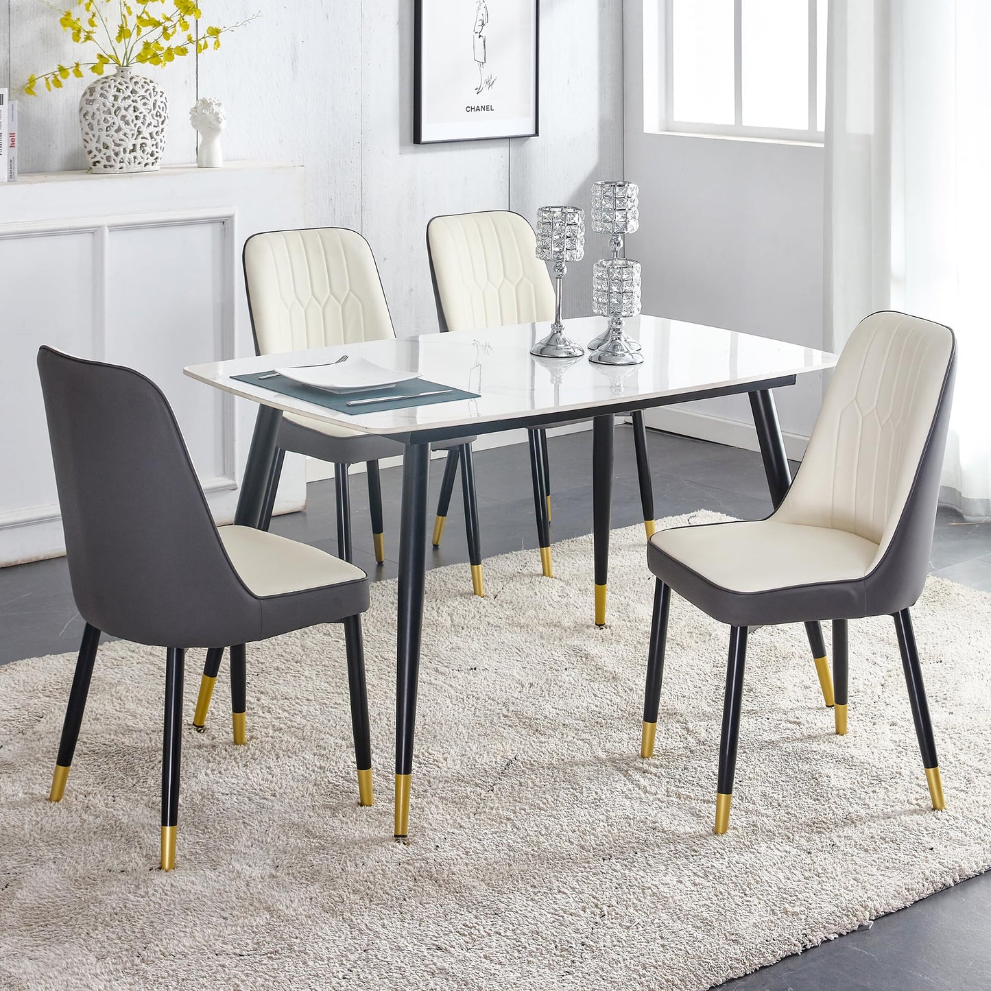 Dining Room Table Set for 4,Sintered Stone Kitchen Table Top and Modern Chairs