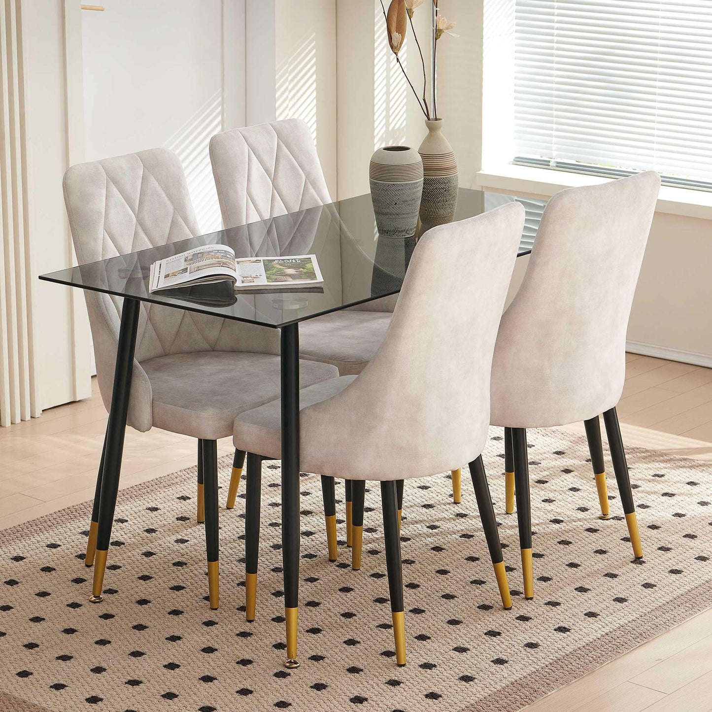 Kitchen Table and Chairs Set, Grey Glass Round Table with Metal Legs, 4 Chairs