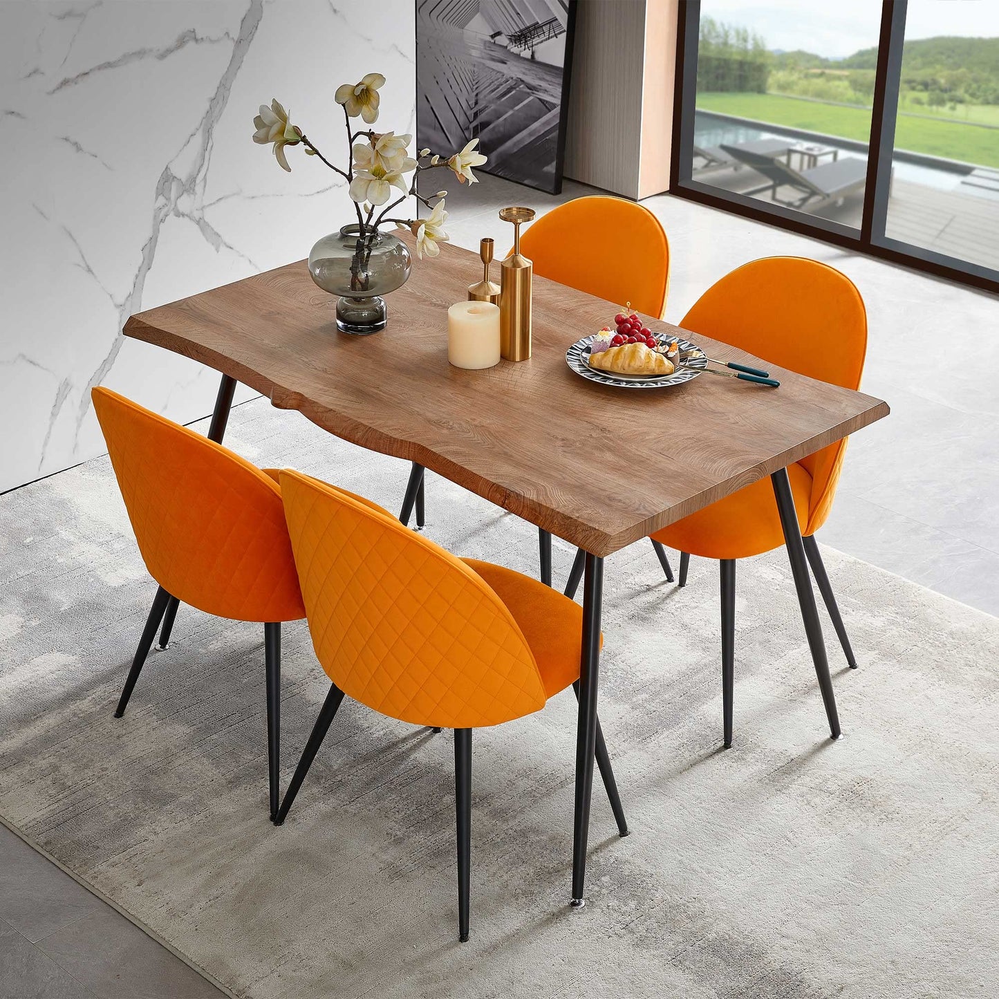 Modern Dining Table Set for 4 with Upholstered Dining Chairs Velvet