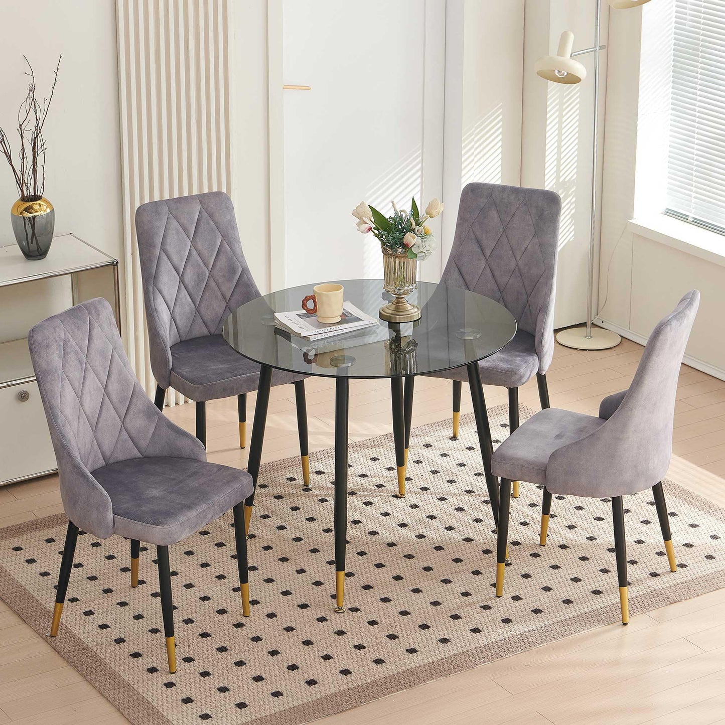 Kitchen Table and Chairs Set, Grey Glass Round Table with Metal Legs, 4 Chairs