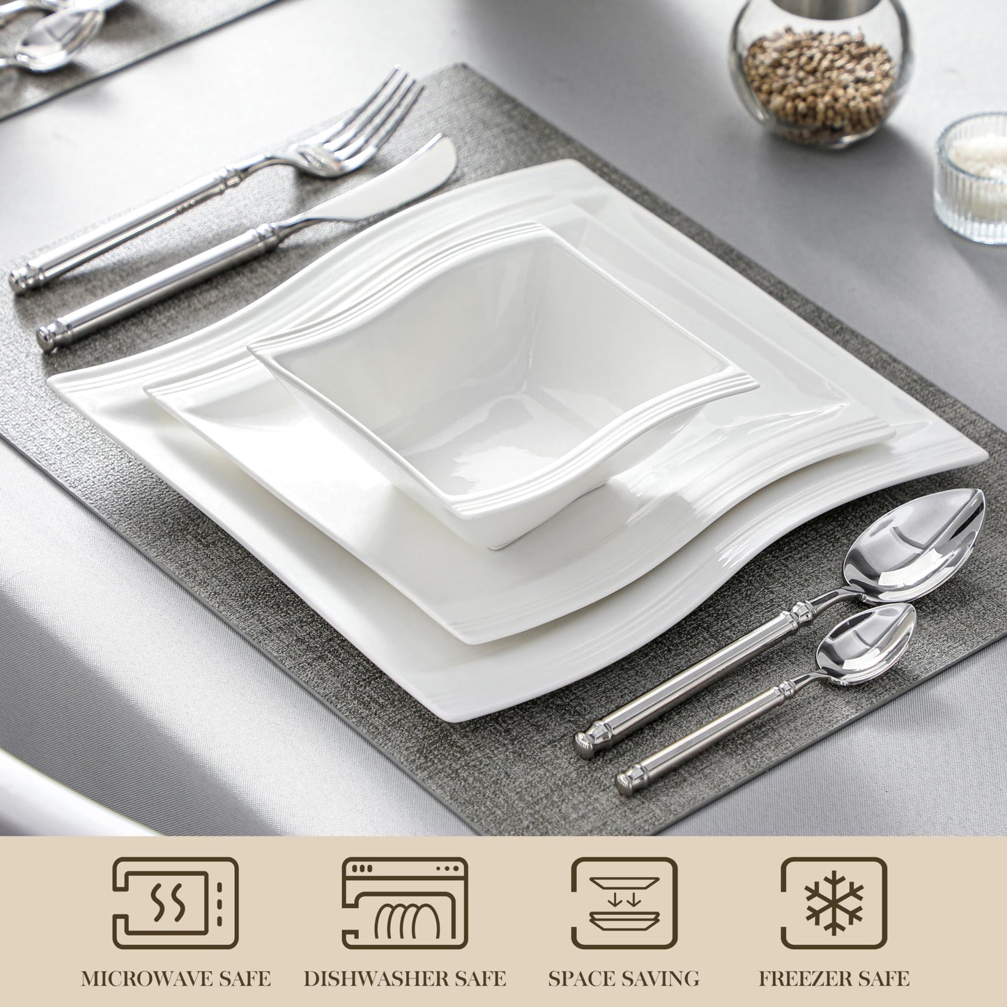 Dinnerware Sets, 12-Piece Porcelain Plates and Bowls Sets, Square Marble