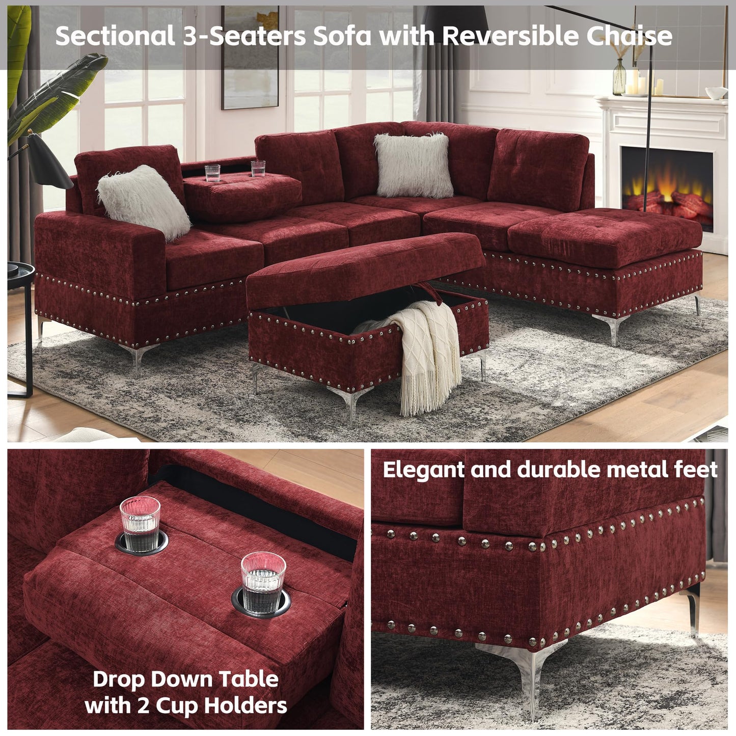 L-Shape Sectional 3-Seater Sofa with Extra Wide Reversible Chaise