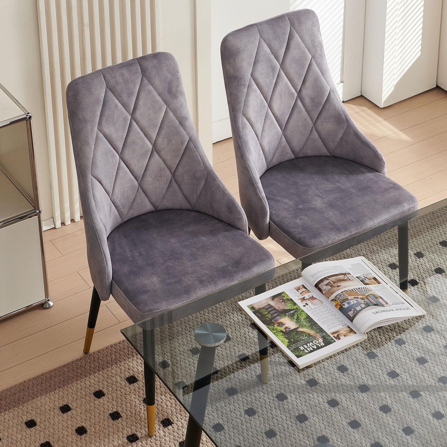 Kitchen Table and Chairs Set, Grey Glass Round Table with Metal Legs, 4 Chairs